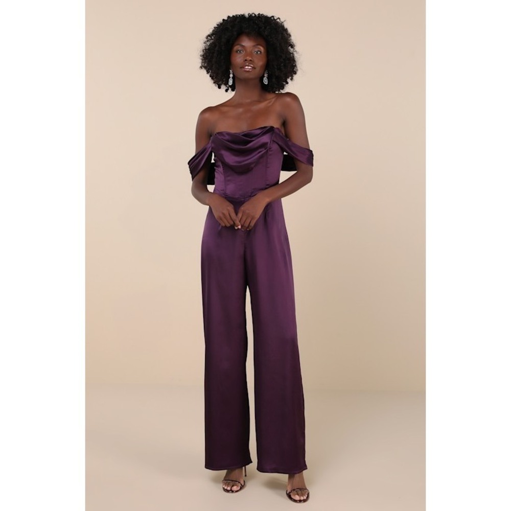 Unbelievable Aura Dark Purple Satin Off-the-Shoulder Jumpsuit